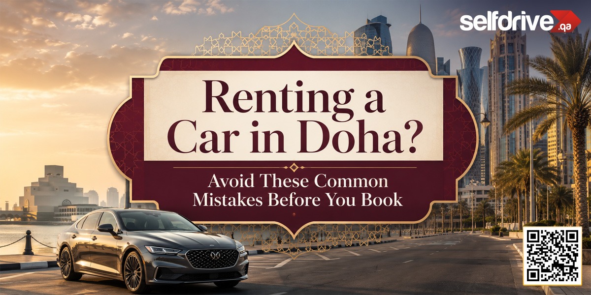 Renting a Car in Doha? Avoid These Common Mistakes Before You Book | SelfDrive Qatar blog banner featuring the Doha skyline, a luxury sedan, and a QR code for easy access to affordable car rental services.